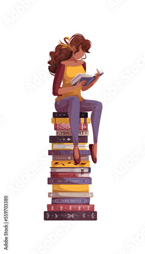 Woman sitting on the stack of books and reading. Bookstore, bookshop, library, book lover, bibliophile, education concept. Isolated vector illustration.