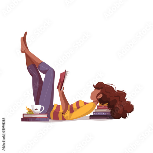 Woman reading book. Bookstore, bookshop, library, book lover, bibliophile, education concept. Isolated vector illustration.