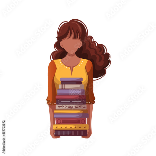 Woman with stack of books. Bookstore, bookshop, library, book lover, bibliophile, education concept. Isolated vector illustration.