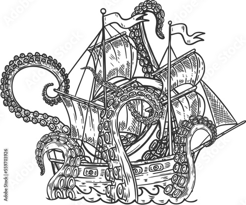 Octopus attack on sailboat. Design element for poster, card, banner, emblem, sign. Vector illustration