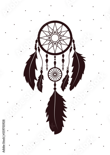 Native American Dreamcatcher with feathers. Decorative ethnic, authentic print, amulet, symbol. Design element in Boho style.