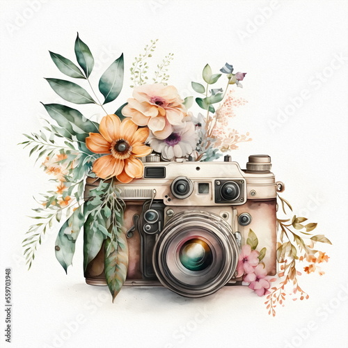 Fototapeta Naklejka Na Ścianę i Meble -  Retro camera in flowers and plants. Hand drawn photo camera. Can be used as print, logo, for cards, wedding invitation  