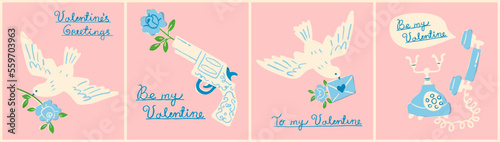 Valentine's Day hand drawn elements such as doves with flowers, a gun and a telephone. Romantic banner, post card or poster design. Hand drawn elements in trendy retro style.