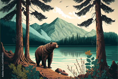 illustration of a big brown bear standing by a river in the forest with mountains in the background. Generative AI photo