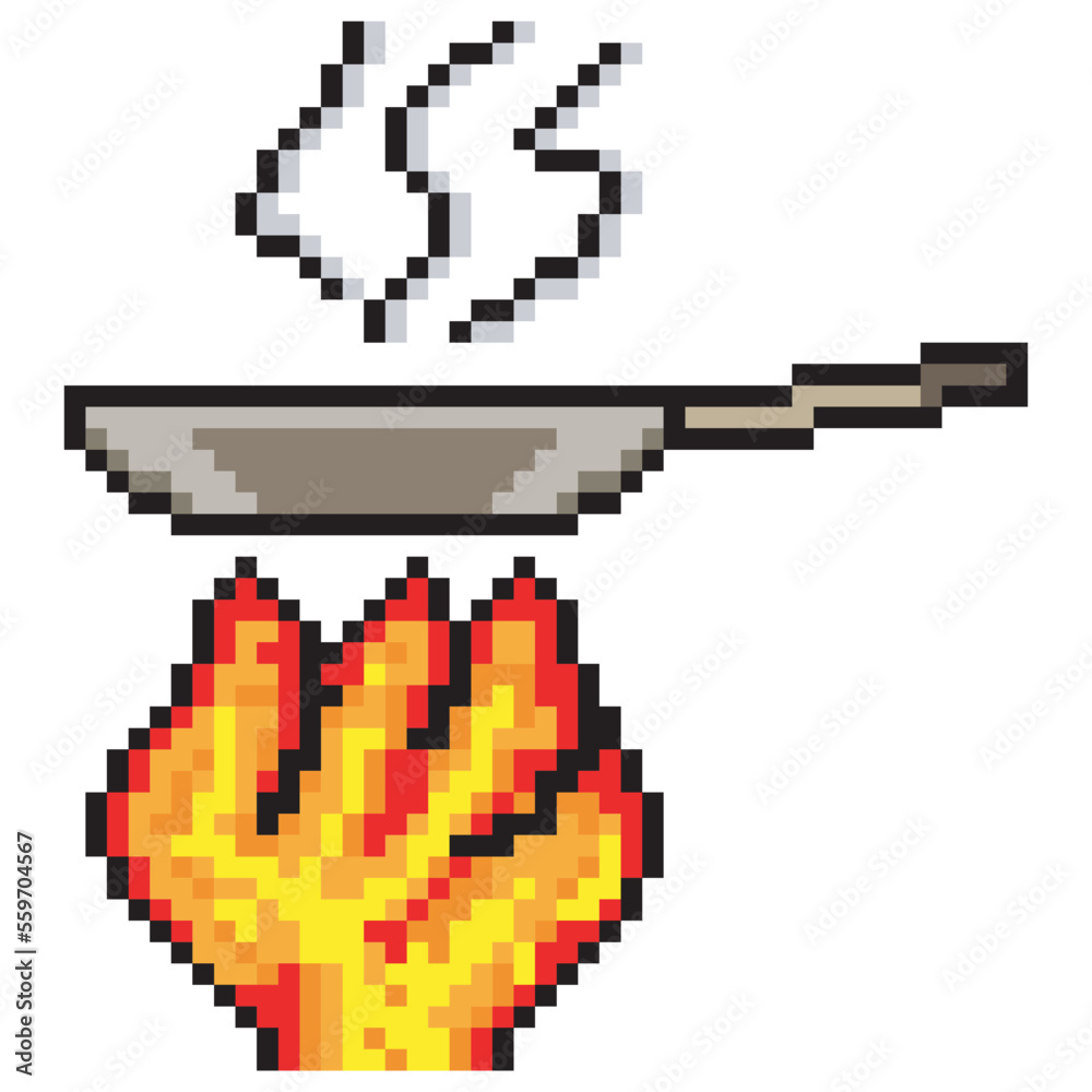 Cooking with pan  on fire pixel art. Vector illustration
