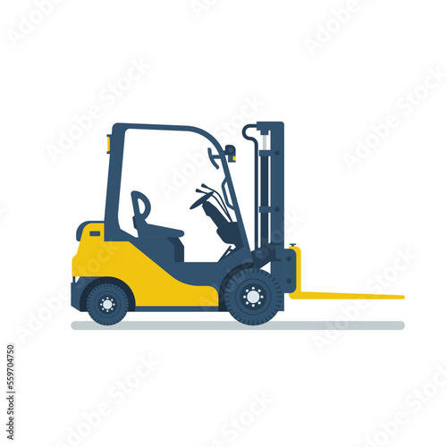 Forklift truck isolated on white background. Template for delivery, logistics, and shipping cargo. Vector illustration flat design.