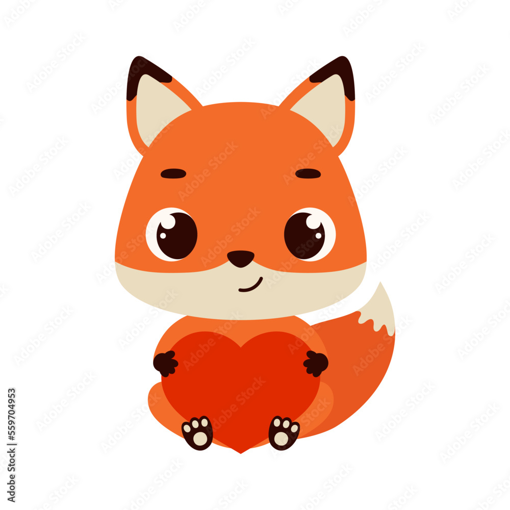 Cute little sitting fox holds heart. Cartoon animal character for kids cards, baby shower, invitation, poster, t-shirt composition, house interior. Vector stock illustration Cute little sitting fox holds heart. Cartoon animal character for kids cards, baby shower, invitation, poster, t-shirt composition, house interior. Vector stock illustration