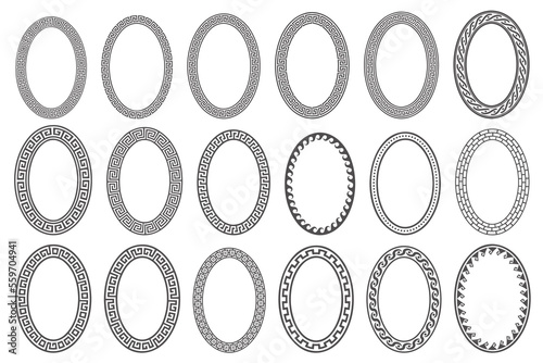 Greek key oval frame set. Circle borders with meander ornaments. Ellipse ancient designs. Vector
