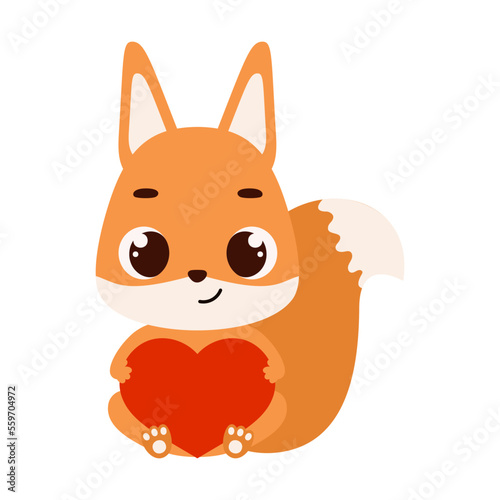 Cute little sitting squirrel holds heart. Cartoon animal character for kids cards  baby shower  invitation  poster  t-shirt composition  house interior. Vector stock illustration