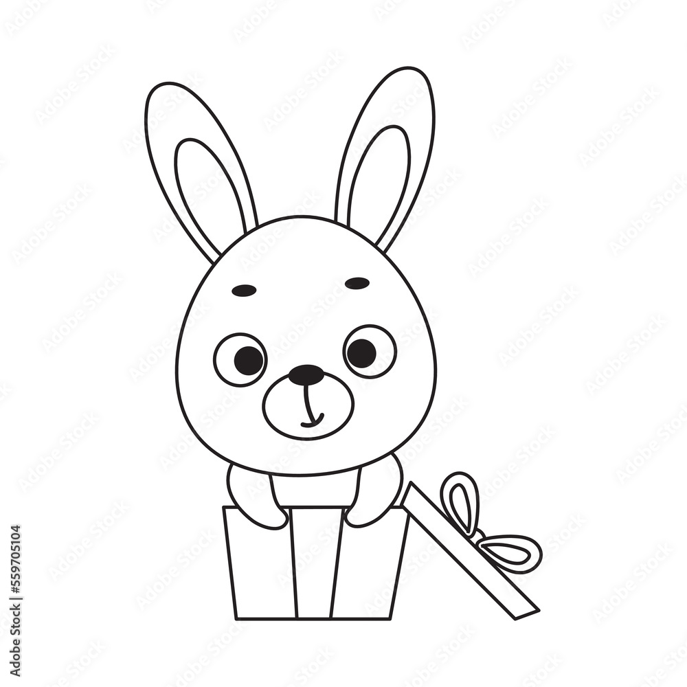 Coloring page cute little hare sitting in gift box. Coloring book for kids. Educational activity for preschool years kids and toddlers with cute animal. Vector stock illustration Coloring page cute little hare sitting in gift box. Coloring book for kids. Educational activity for preschool years kids and toddlers with cute animal. Vector stock illustration