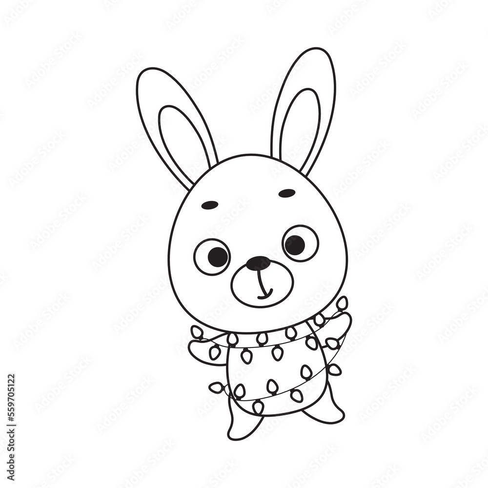 Obraz premium Coloring page cute Christmas hare with garland. Coloring book for kids. Educational activity for preschool years kids and toddlers with cute animal. Vector stock illustration