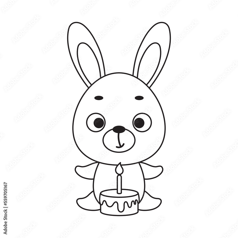 Coloring page cute little hare with birthday cake. Coloring book for kids. Educational activity for preschool years kids and toddlers with cute animal. Vector stock illustration Coloring page cute little hare with birthday cake. Coloring book for kids. Educational activity for preschool years kids and toddlers with cute animal. Vector stock illustration
