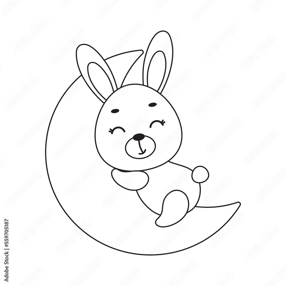 Coloring page cute little hare sleeping on moon. Coloring book for kids. Educational activity for preschool years kids and toddlers with cute animal. Vector stock illustration Coloring page cute little hare sleeping on moon. Coloring book for kids. Educational activity for preschool years kids and toddlers with cute animal. Vector stock illustration