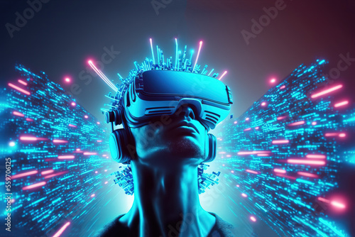 Tablou canvas Man wearing virtual reality glasses doing data analysis. AI