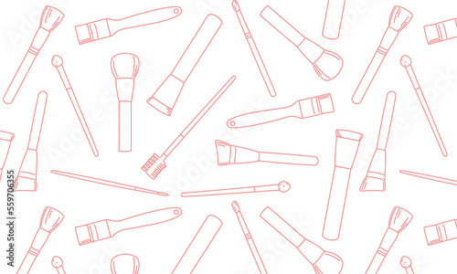 pattern with makeup artist tools in doodle style, poster background with a set of makeup brushes, a banner with a set of face painting brushes on a white background with pink lines