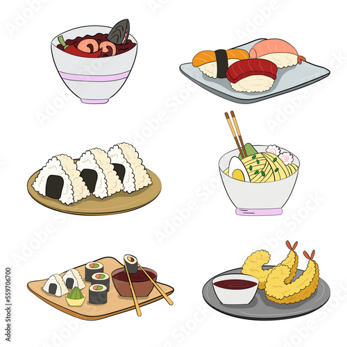 A set of sushi and onigiri on a plate, ramen noodles and tempura shrimp. vector illustration on a white background