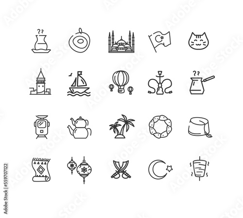 Turkish Sign Black Thin Line Icon Set Include of Amulet and Shisha. Vector illustration of Turkey Icons