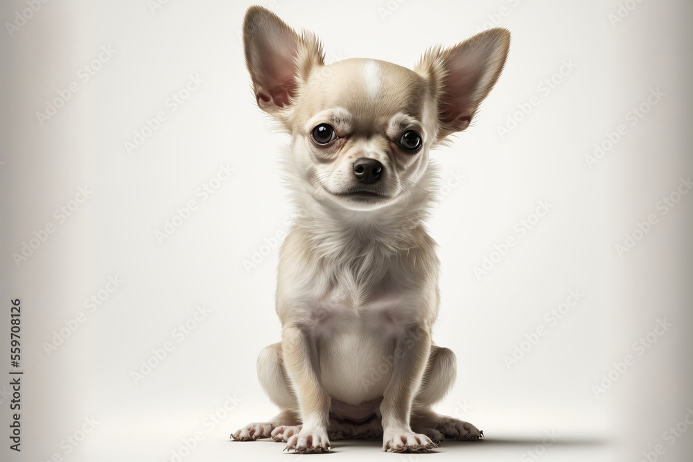 White and cream chihuahua sitting with a white background. Generated by AI.