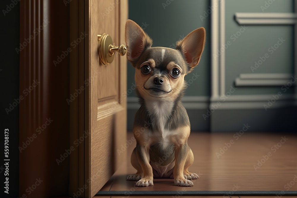 Chihuahua sitting next to a door with an endearing dog look. Generated by AI.