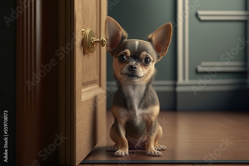 Chihuahua sitting next to a door with an endearing dog look. Generated by AI.