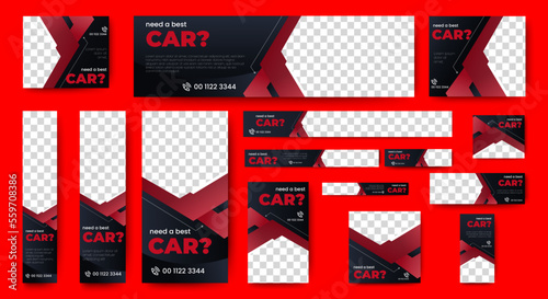 Car Sale promotional Web Banner template design set. horizontal, vertical, square ad banners layout.