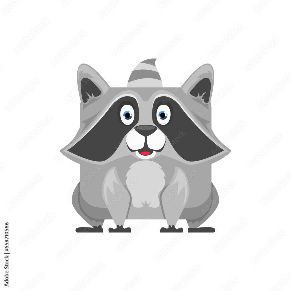 Raccoon cartoon kawaii square face or animal emoji, vector emoticon character. Funny cute raccoon emoji with kawaii square face, kid comic manga or anime avatar sticker of animal emoticon
