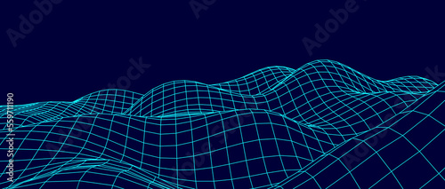 Digital wavy wireframe landscape. Futuristic linear undulating terrain. Digital cyberspace in mountains with valleys. Vector illustration.