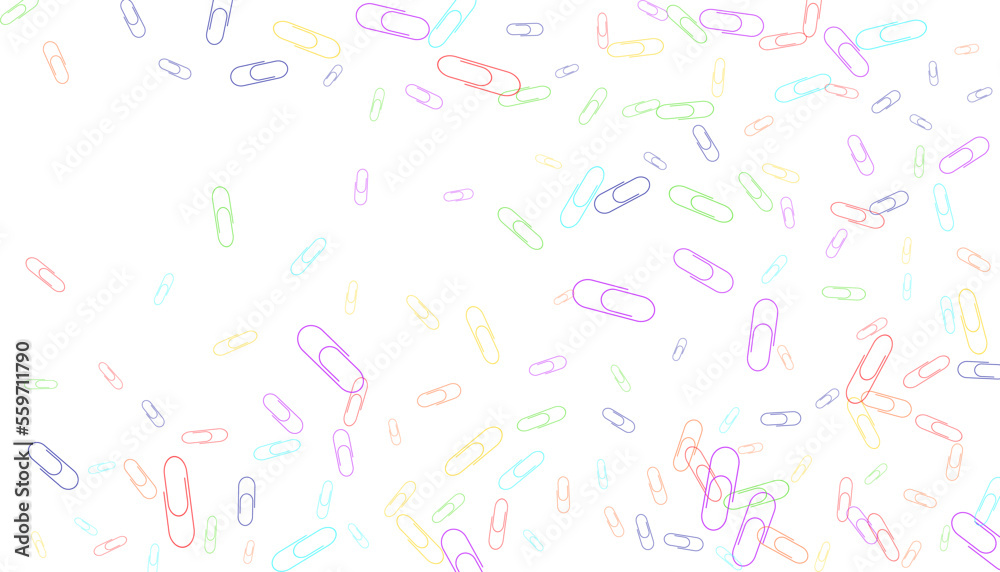 Paper clips are scattered on a white background. Decorative element. Background for design, school and office supplies