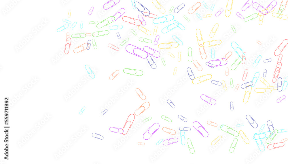 Paper clips are scattered on a white background. Decorative element. Background for design, school and office supplies Paper clips are scattered on a white background. Decorative element. Background for design, school and office supplies