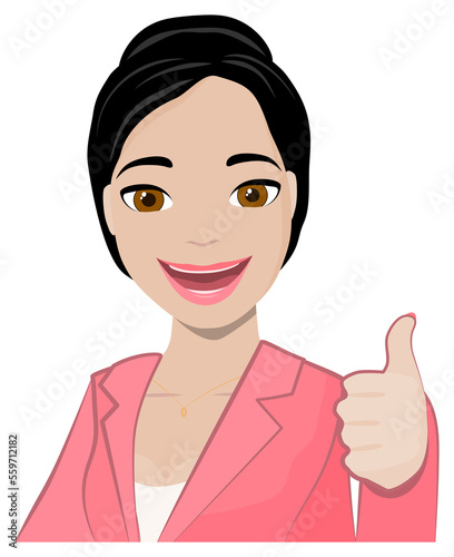 Like! Cartoon friendly brunette woman gesturing like, smiling girl is showing thumbs up.