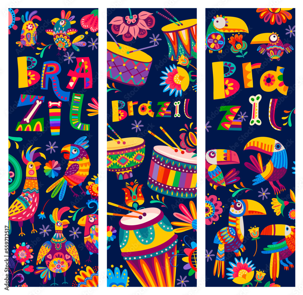 Cartoon brazilian toucans and parrots. Colorful jungle animals, funny and ornate exotic birds, drums musical instruments and plant flowers and leaves Brazil ornaments on vector background banner