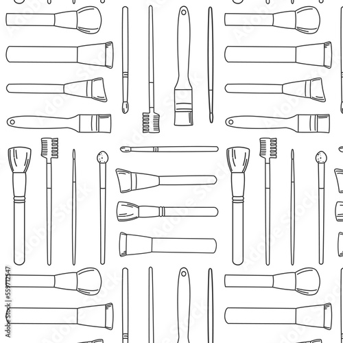 pattern with makeup artist tools in doodle style, poster background with a set of makeup brushes, a banner with a set of brushes for a beautiful face on a white-black background with lines