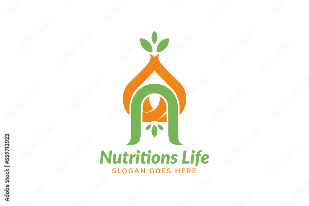 nutrition life logo design template. isolated on white square background. the concept use combination of tubers food, leaf and lettern n. nutrition life logo design template. isolated on white square background. the concept use combination of tubers food, leaf and lettern n.