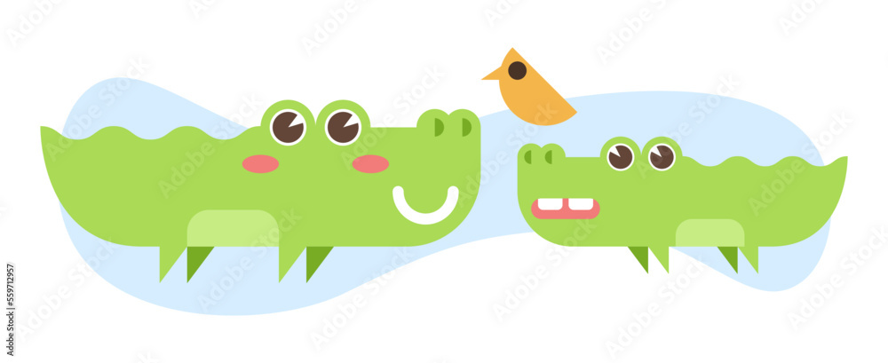 Obraz premium Illustration pour enfants de deux crocodiles verts et d'un petit oiseau jaune, animaux avec un sourire et de grands yeux, alligators sympathiques, vecteur modifiable, dessin géométrique avec arrondis