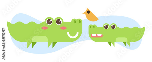 Illustration pour enfants de deux crocodiles verts et d'un petit oiseau jaune, animaux avec un sourire et de grands yeux, alligators sympathiques, vecteur modifiable, dessin géométrique avec arrondis 