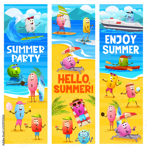 Summer party, cheerful cartoon vitamin characters on beach vacation. Vector banners with nutrient capsules fun on seaside. B, H, E, U, B6 and N, P and B12, C, B9 and A drug pills on ocean