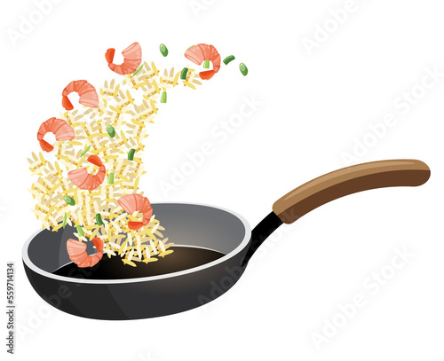 fried rice with shrimp and vegetables in a pan
