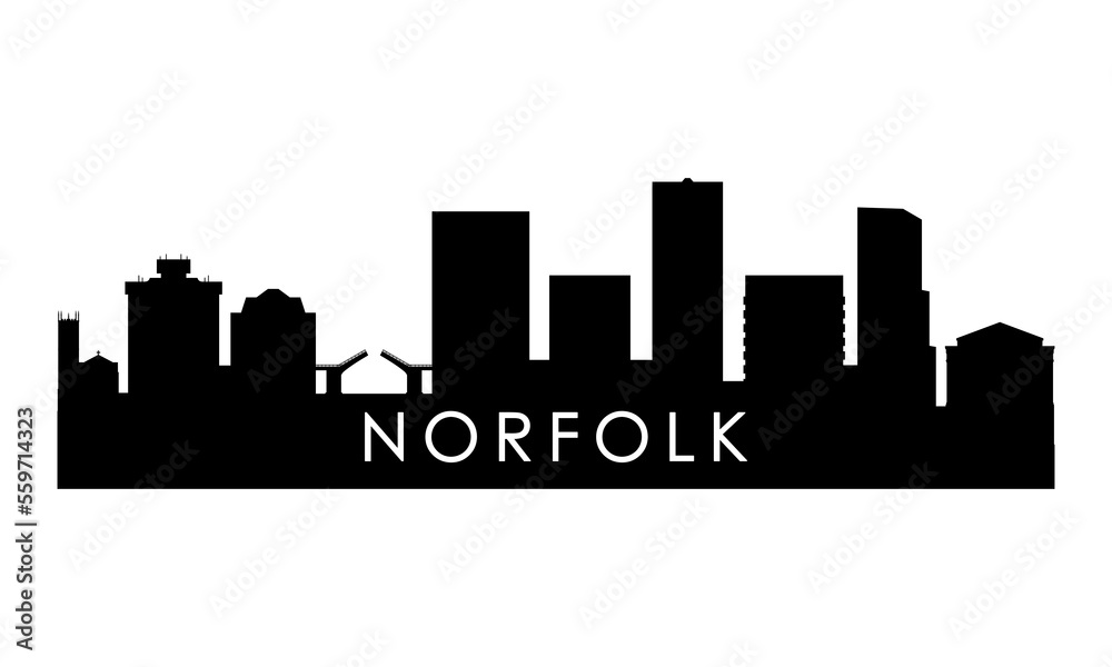 Norfolk skyline silhouette. Black Norfolk city design isolated on white background.