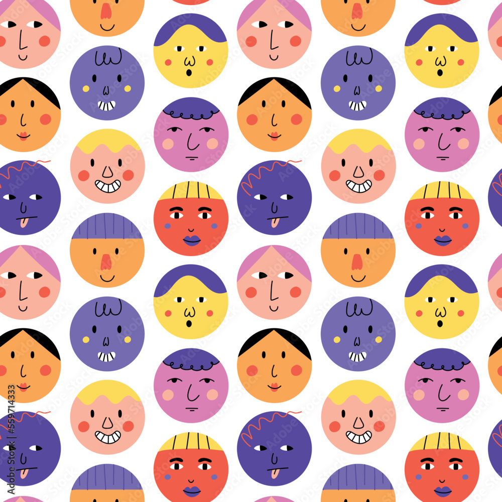 Abstract faces seamless pattern. Funny cartoon characters, doodle trendy avatars, smile people, contemporary geometric print. Decor textile, wrapping paper, wallpaper. Vector background Abstract faces seamless pattern. Funny cartoon characters, doodle trendy avatars, smile people, contemporary geometric print. Decor textile, wrapping paper, wallpaper. Vector background