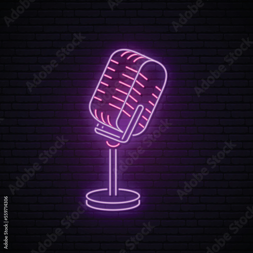 Neon Microphone sign. Glowing microphone icon for podcast, stand up or music show emblem. Retro mic in neon style. Vector illustration.