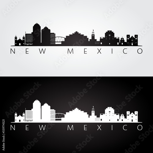 New Mexico state skyline and landmarks silhouette, black and white design. Vector illustration.