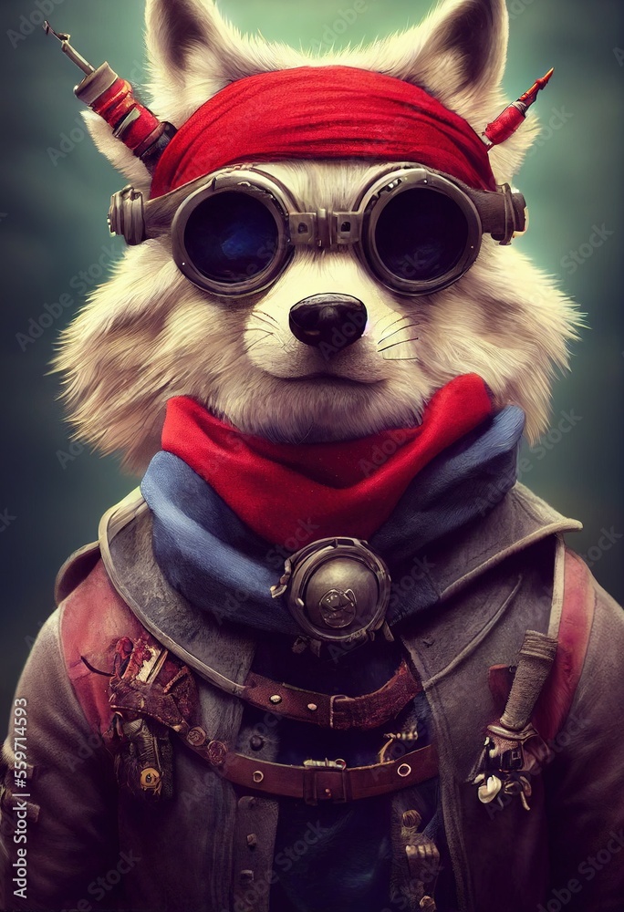 Fototapeta premium Portrait of a funny Pirate Wolf . Generative AI