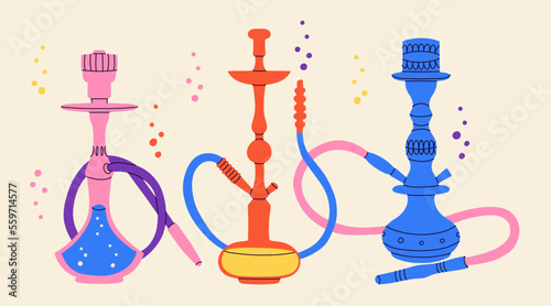 Hookah set. Modern drawing lounge bar or smoke shop elements, arabic tobacco smoking equipment. Calabash with glass flask and tubes, bright contemporary vector cartoon flat isolated illustration