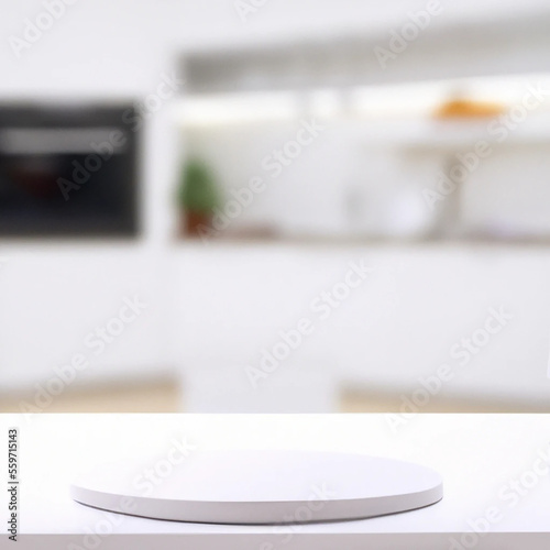 Modern luxury white kitchen tabletop and copy space for montage your product display over blurred modern kitchen space in the background create with generative ai technology 