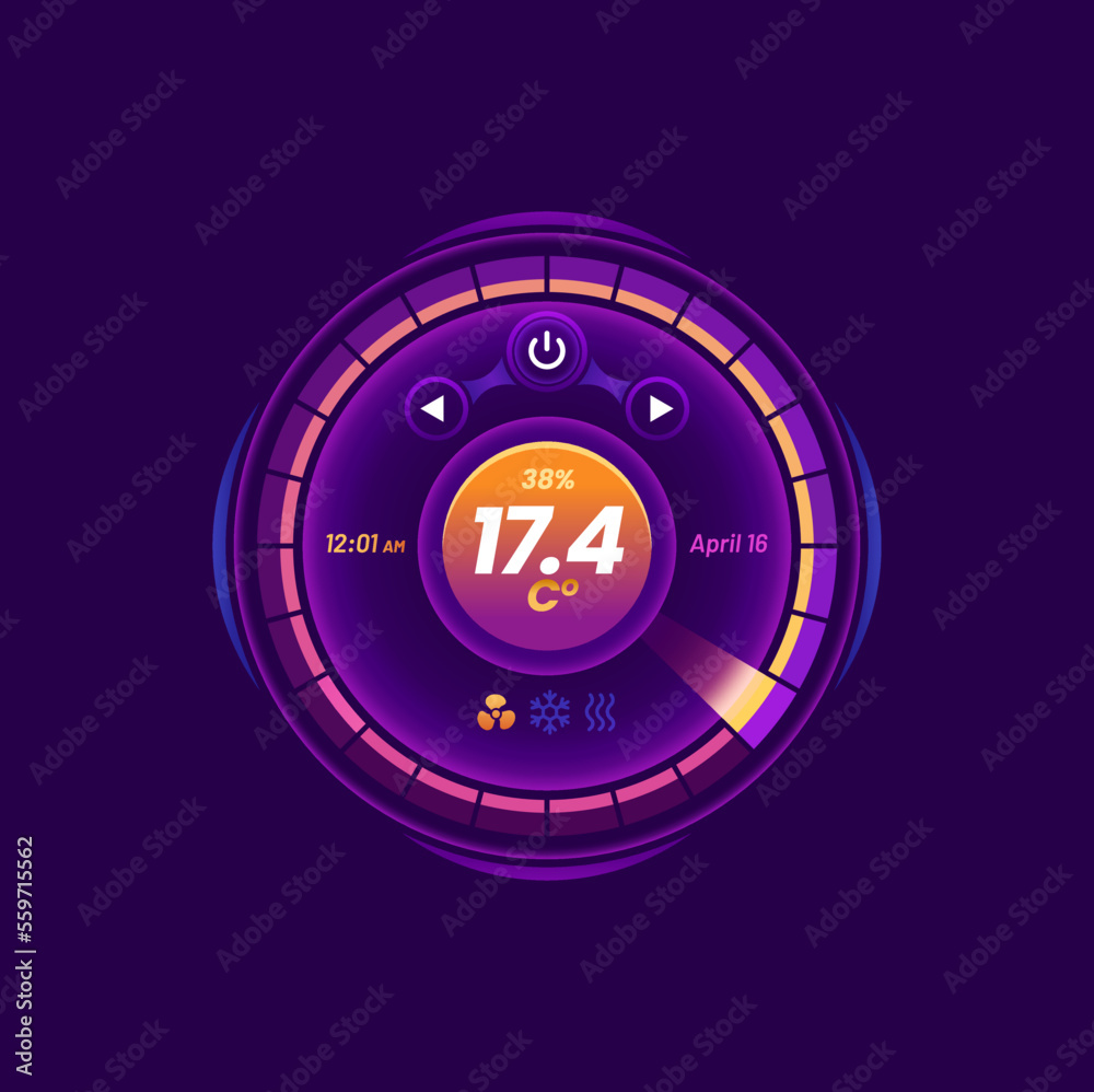 Thermostat screen, smart thermometer control dial. Home climate