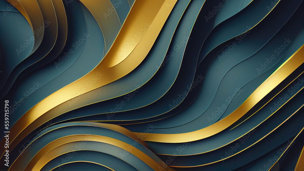Abstract wavy blue wallpaper with golden lines. Waves background with ...
