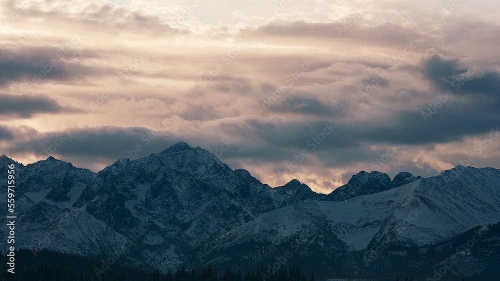 FIXED Establishing shot, view of beautiful Tatra mountain range on a Poland and Slovakia border before sunrise