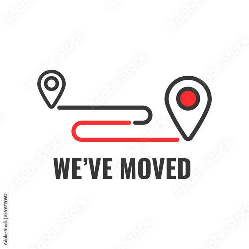 We have moved outline icon. Business address change announcement or minimalistic sign. Relocation and move vector symbol or icon with navigation pin point, transfer route lines