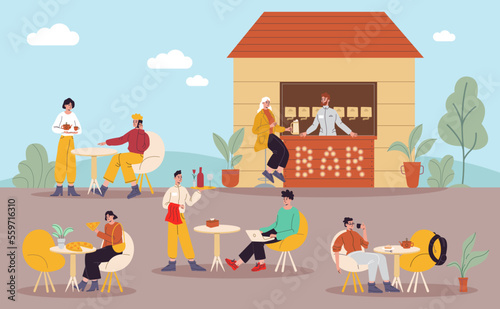 Cafe outdoor visitors. Happy people sitting and eating at street restaurant tables. Bartender pours beer. Waiters serve food. Man works freelance. Woman drinks wine. Vector concept
