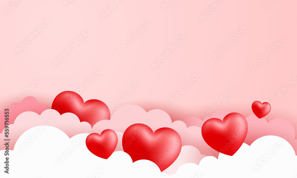 Love Happy Valentine's day background illustration. Beautiful pink background with realistic stacking heart and cloud